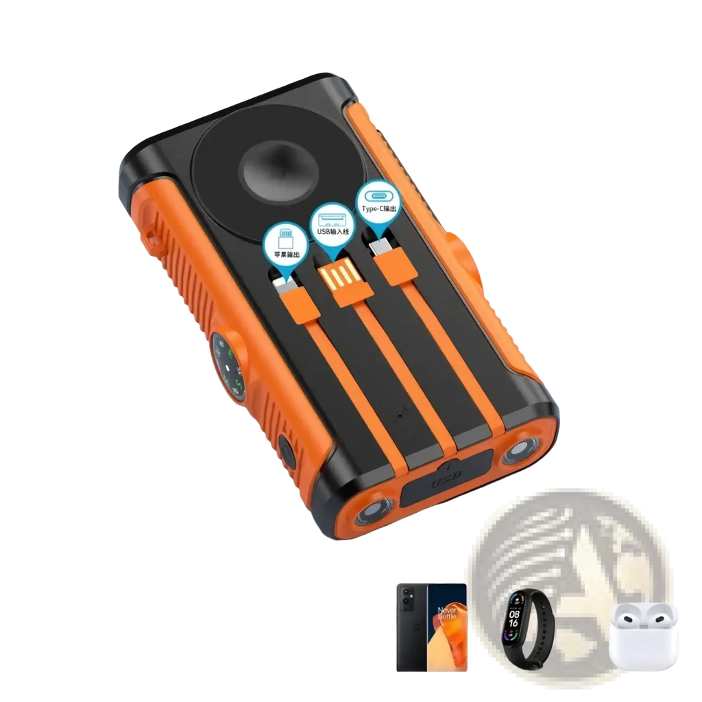 Orange and black rugged solar power bank 20000mAh hand crank charger with multiple charging ports for outdoor use