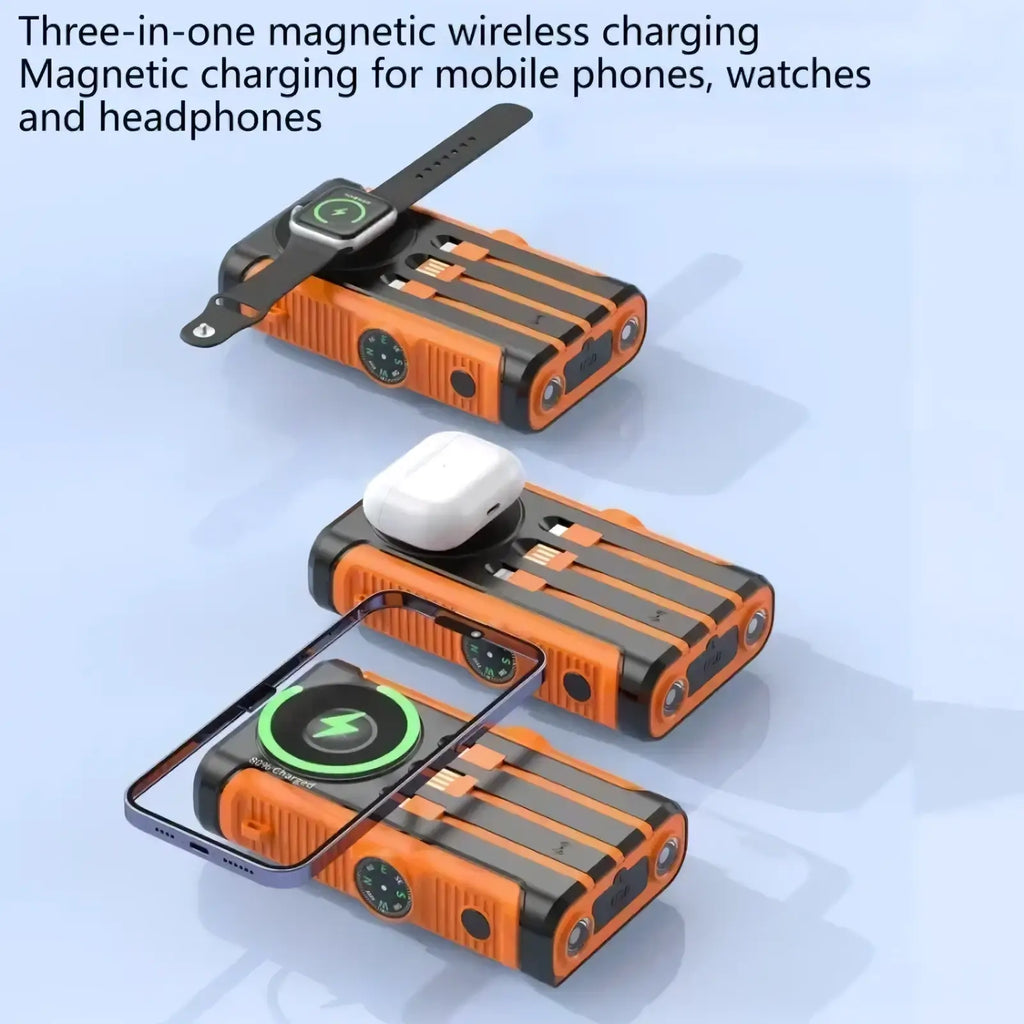 Orange and black rugged three-in-one magnetic wireless charging pad with integrated power bank solar power bank 20000mAh hand crank charger