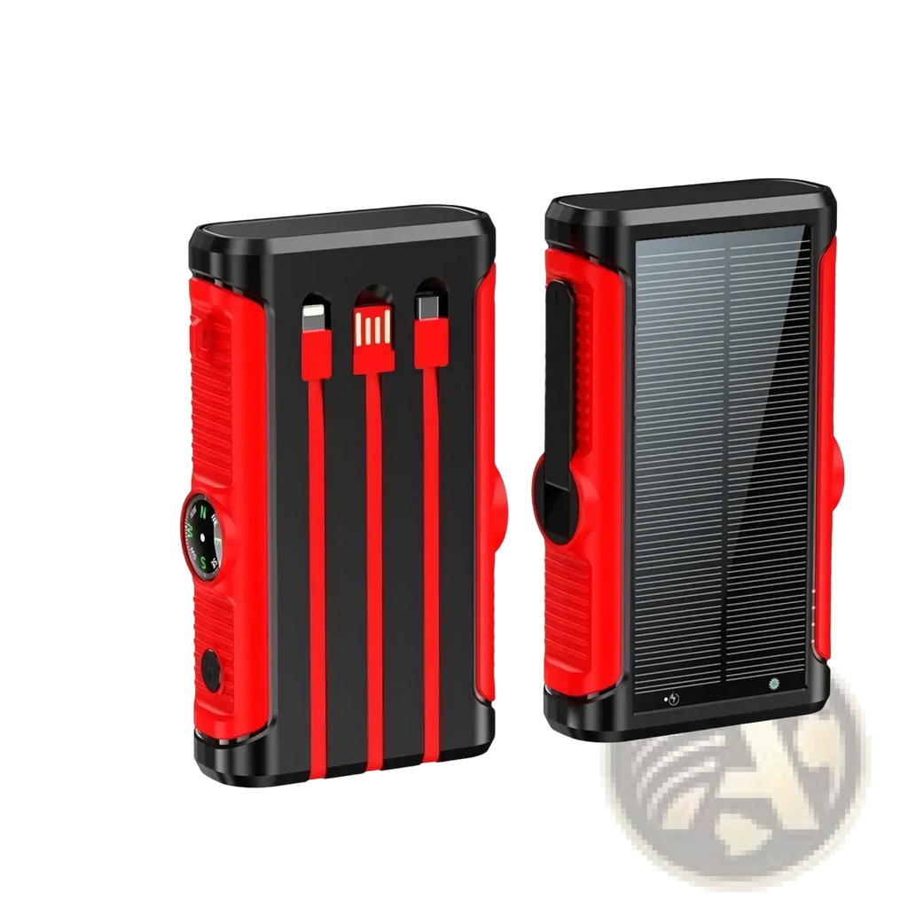 Red and black rugged solar-powered portable charger with multiple usb ports solar power bank 20000mah hand crank charger
