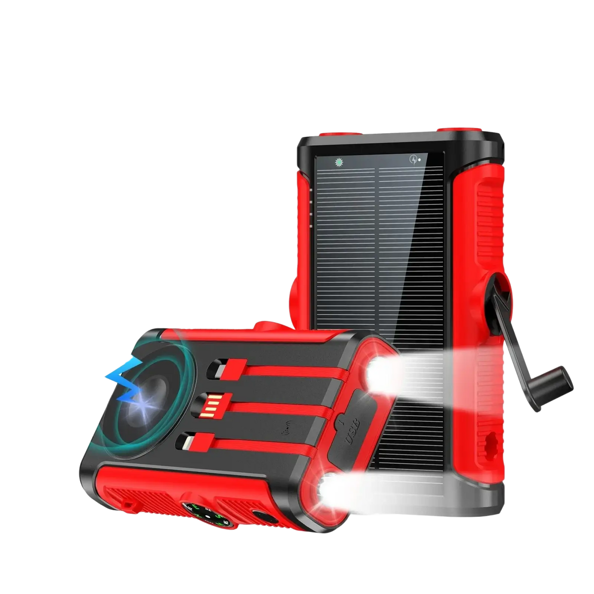 Red and black rugged solar power bank 20000mah hand crank charger with magnetic wireless charging capability