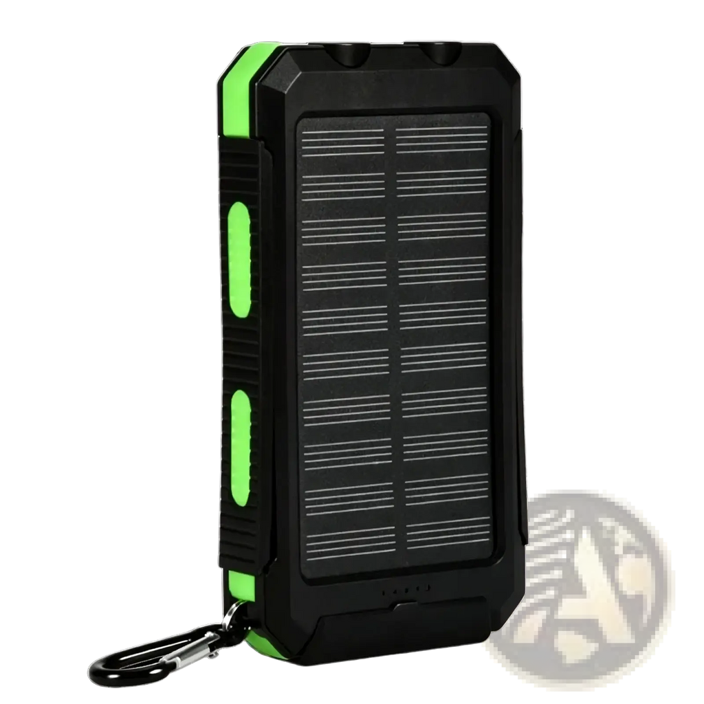 Black and green solar power bank 20000mAh rugged portable charger with lime-green accents and integrated carabiner clip