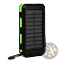 Black and green solar power bank 20000mAh rugged portable charger with lime-green accents and integrated carabiner clip