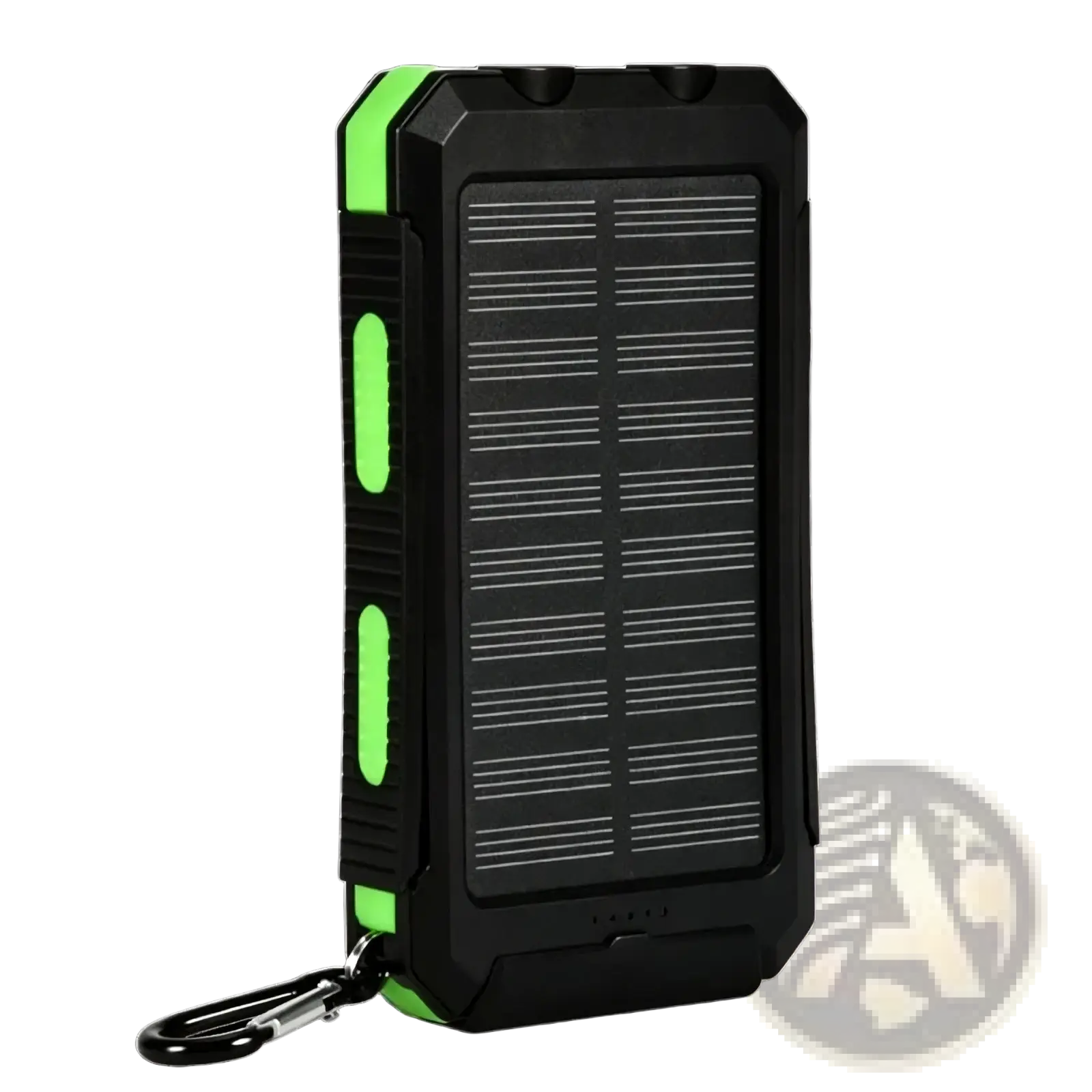 Black and green solar power bank 20000mAh rugged portable charger with lime-green accents and integrated carabiner clip