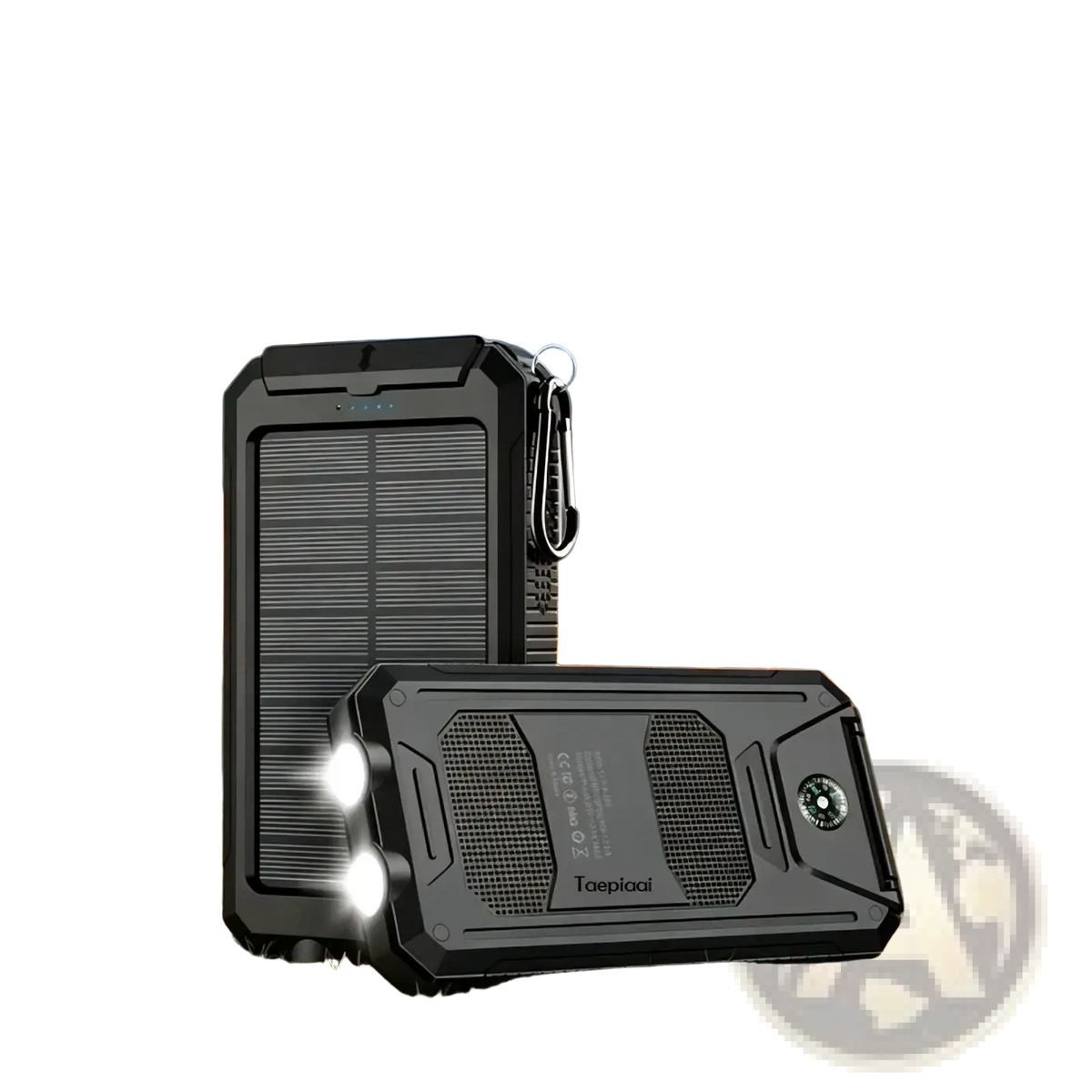 Black rugged solar power bank 20000mah with built-in led lights and carabiner clip for portable charging