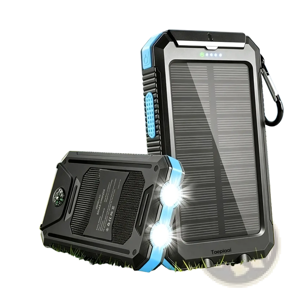 Black and blue rugged solar power bank 20000mah with built-in flashlight designed for outdoor activities