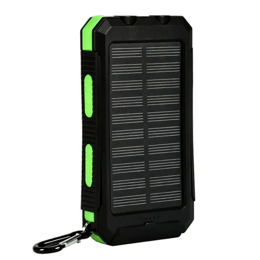 Black and green solar power bank 20000mAh rugged portable charger with lime-green accents and integrated carabiner clip