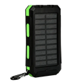 Black and green solar power bank 20000mAh rugged portable charger with lime-green accents and integrated carabiner clip