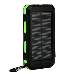 Black and green solar power bank 20000mAh rugged portable charger with lime-green accents and integrated carabiner clip