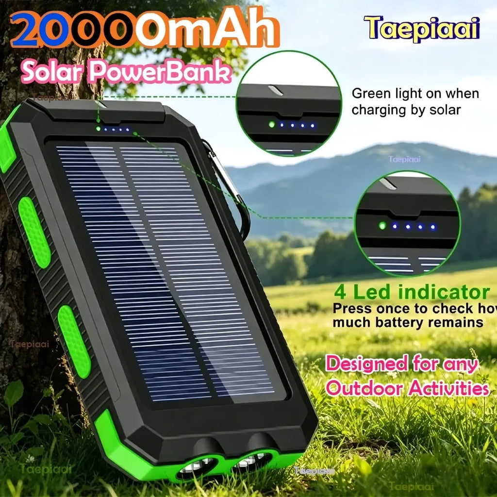 Black and neon green rugged solar power bank 20000mah portable charger designed for outdoor use