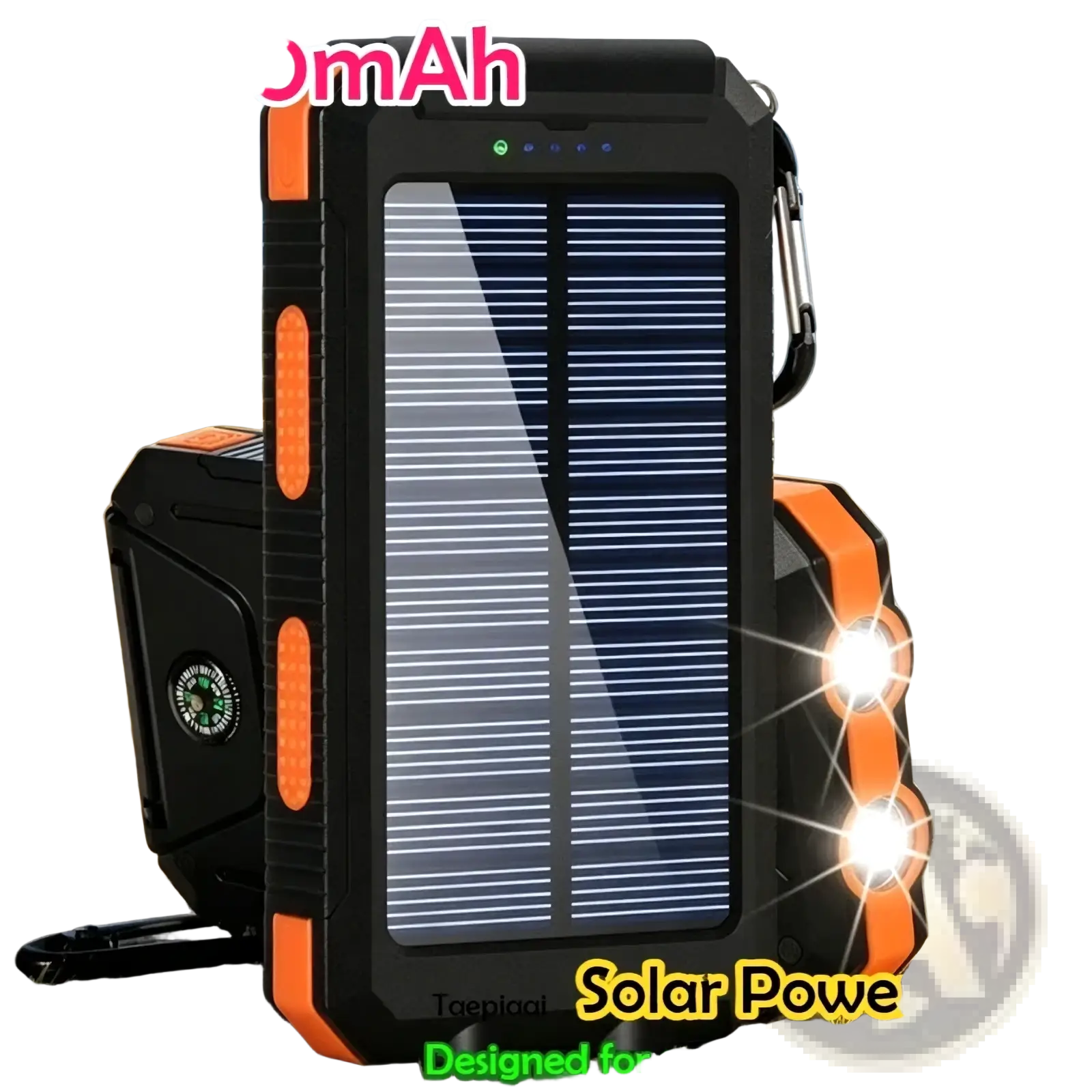 Black and orange rugged solar power bank with 20000mah capacity built-in flashlight and compass for portable charging