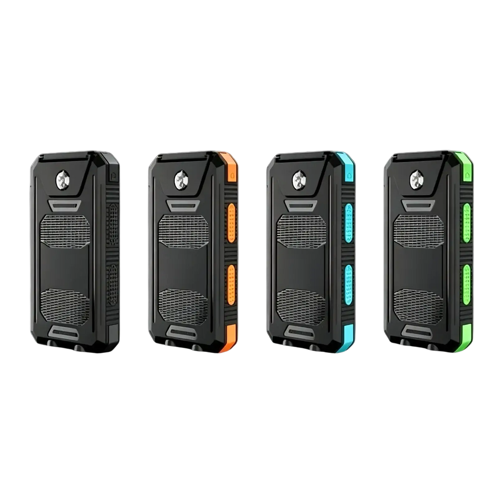 Black rugged solar power bank 20000mah portable charger with orange blue and green accent lighting on the sides