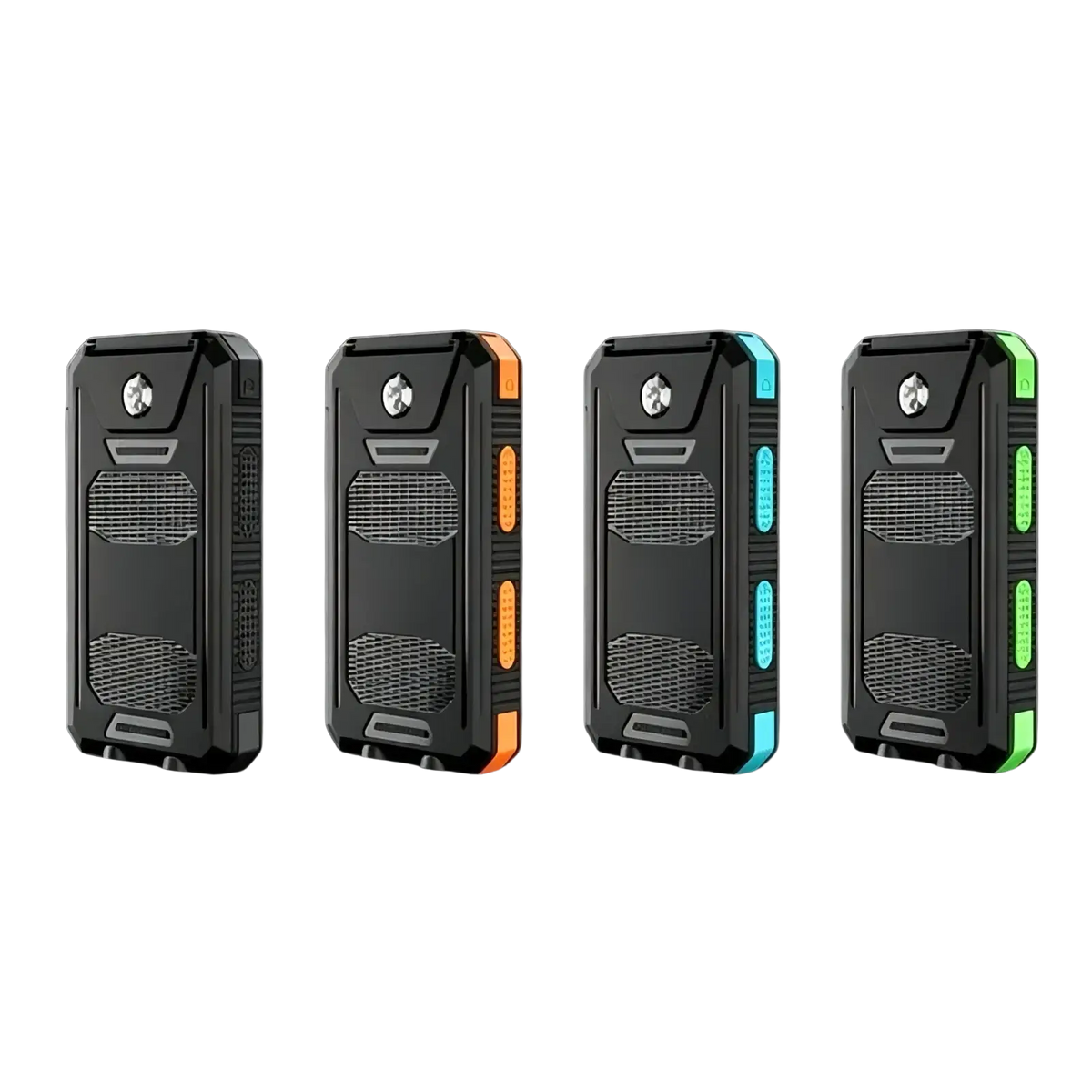 Black rugged solar power bank 20000mah portable charger with orange blue and green accent lighting on the sides