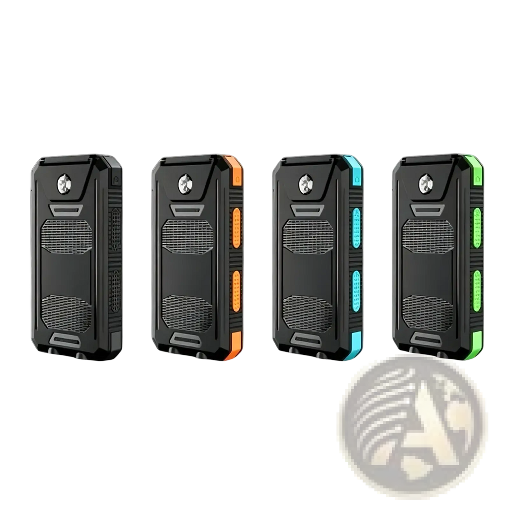 Black rugged solar power bank 20000mah portable charger with orange blue and green accent lighting on the sides