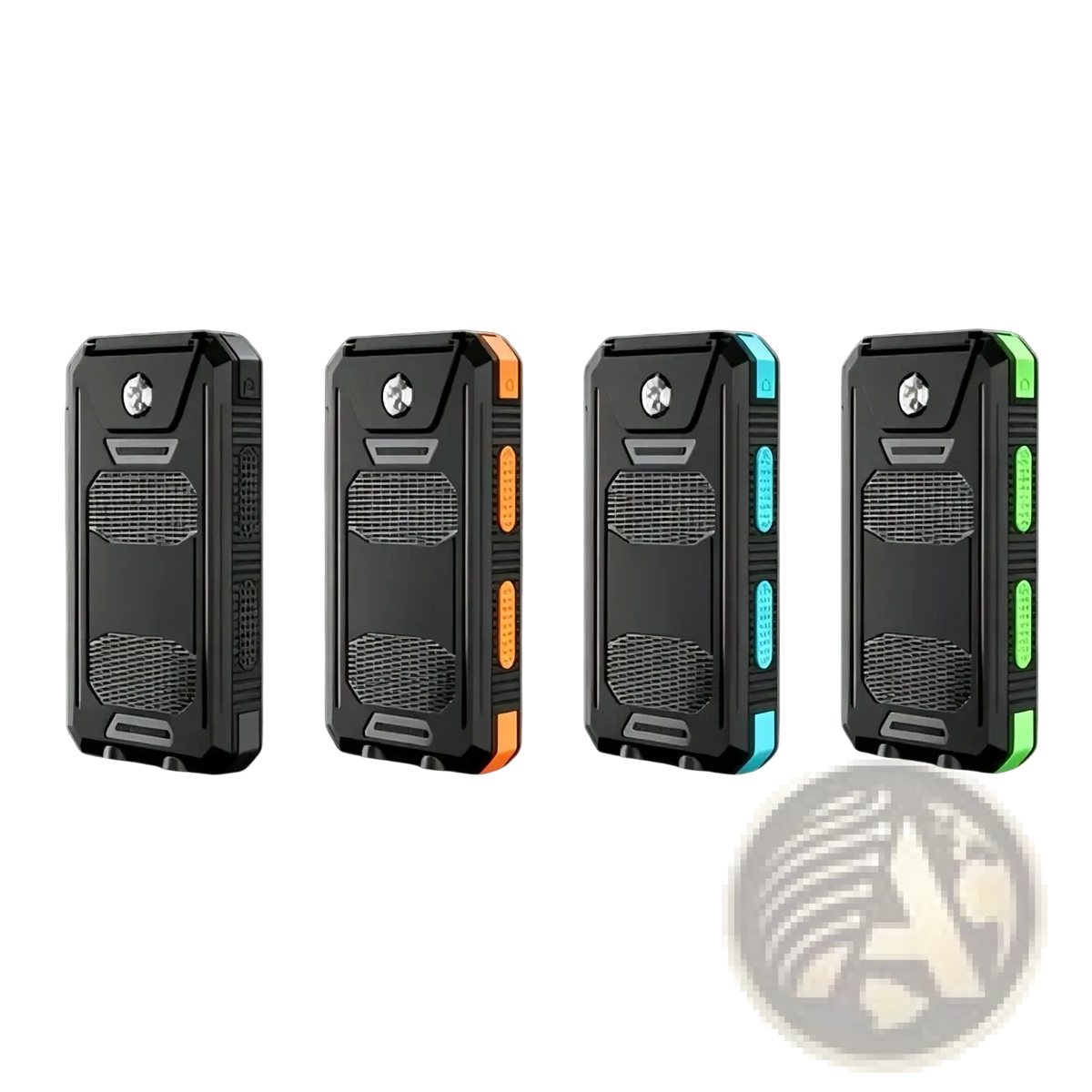 Black rugged solar power bank 20000mah portable charger with orange blue and green accent lighting on the sides