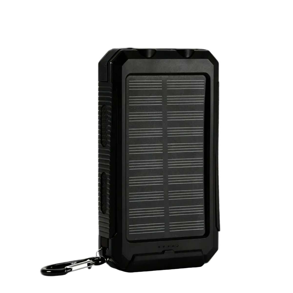 Black 20000mah solar power bank rugged portable charger with keychain attachment for outdoor use