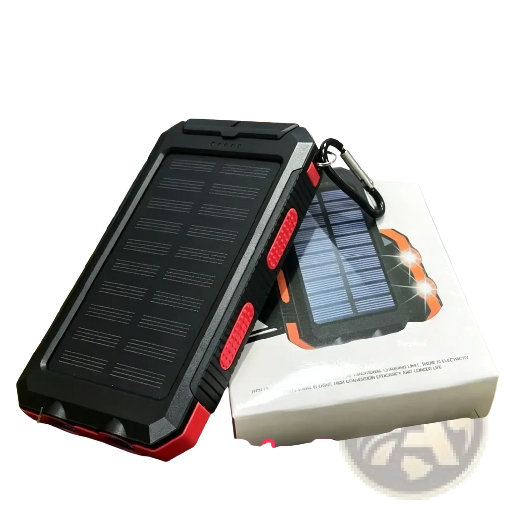 Black and red rugged solar power bank 20000mah portable charger with built-in carabiner clip for outdoor use