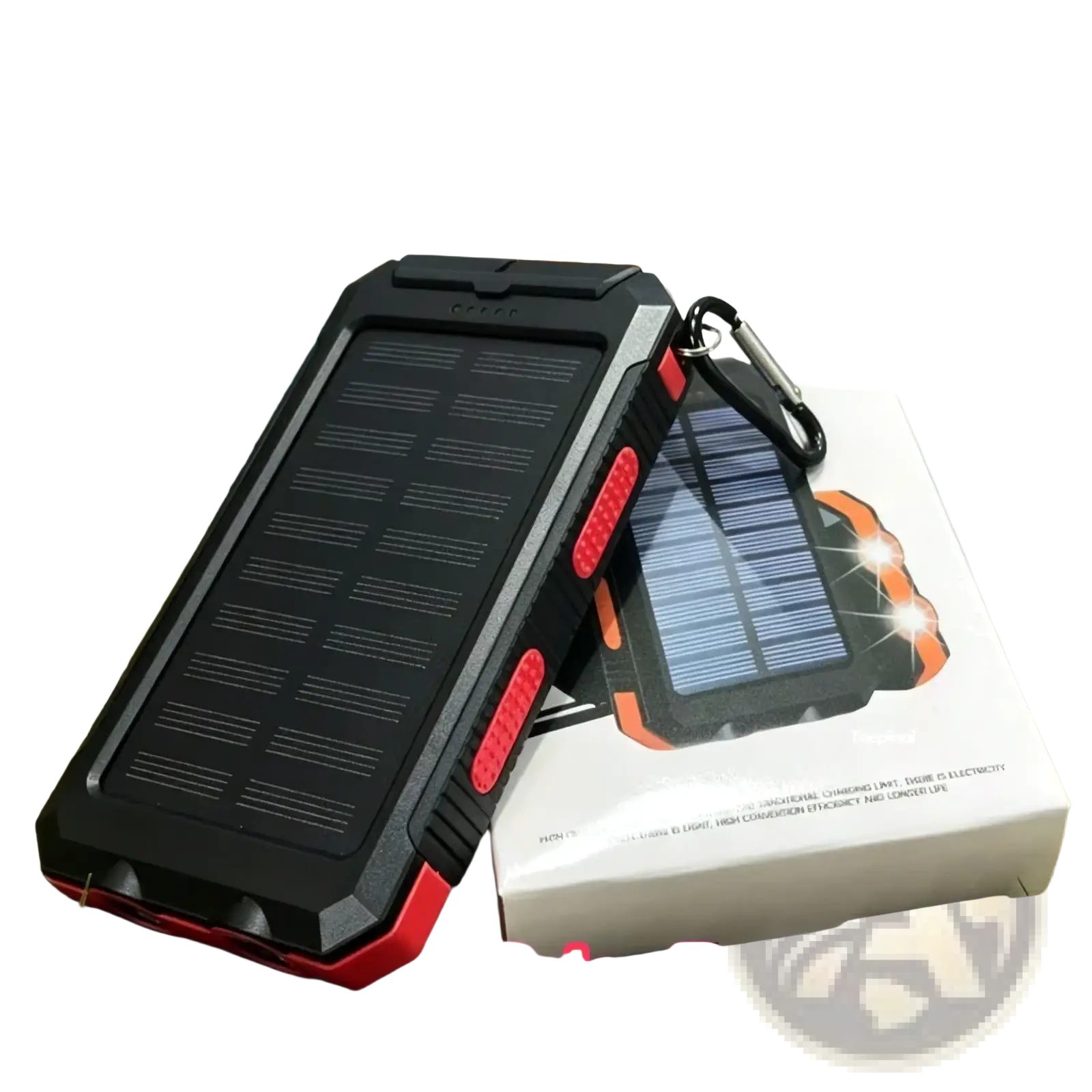Black and red rugged solar power bank 20000mah portable charger with built-in carabiner clip for outdoor use
