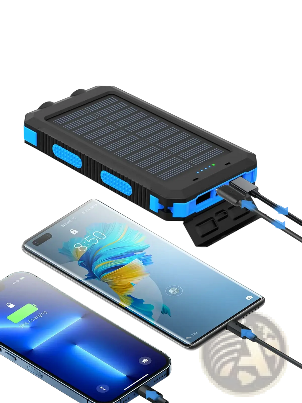Black and blue solar power bank 38800mAh portable charger designed to charge three devices simultaneously