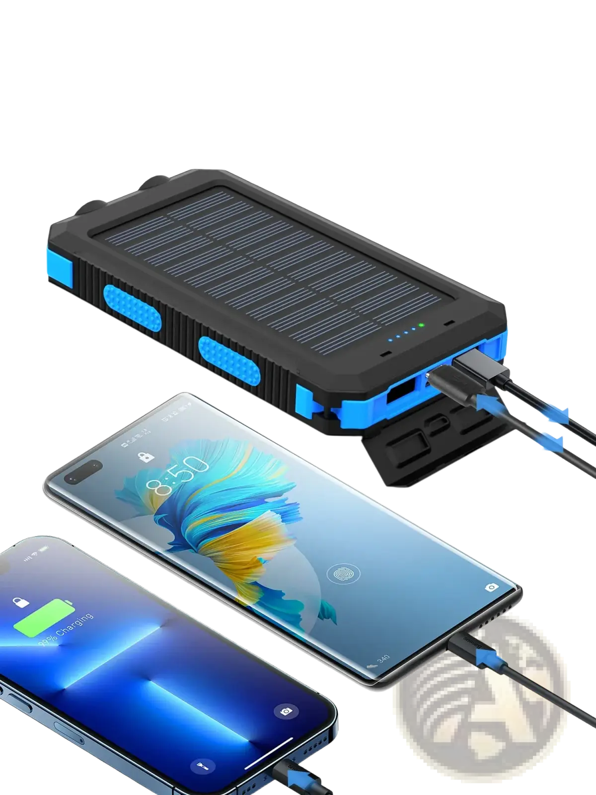 Black and blue solar power bank 38800mAh portable charger designed to charge three devices simultaneously