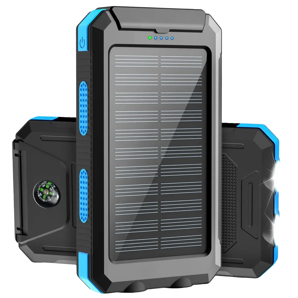 Black and blue rugged solar power bank 50000mAh portable charger with built-in compass for outdoor use