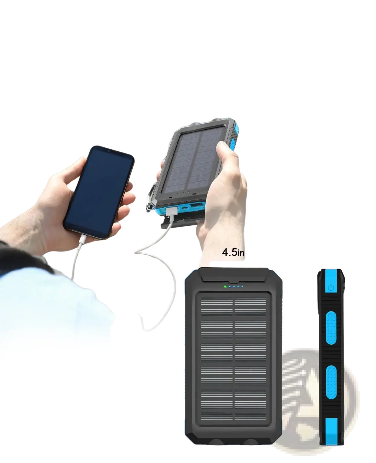 Solar power bank 50000mah portable charger in black and blue with rugged textured exterior and solar-powered functionality