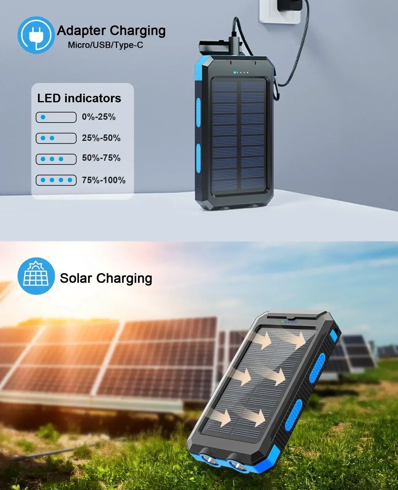 Black and blue rugged solar power bank 50000mah portable charger with led battery level indicators