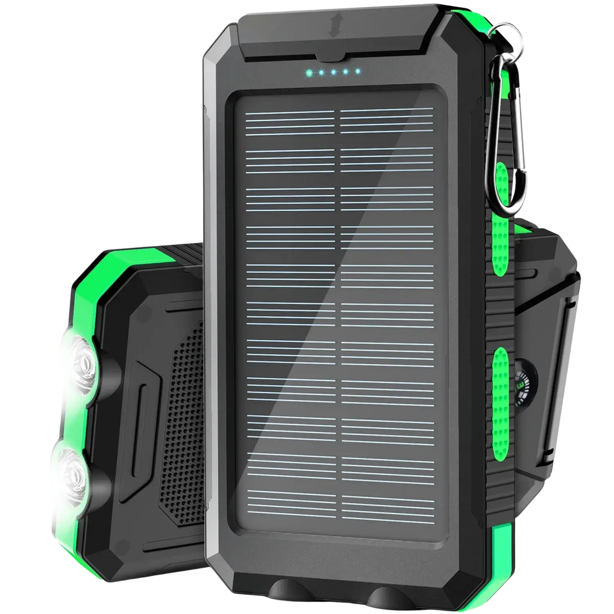 Black and green rugged solar power bank 50000mAh portable charger with built-in LED lights for outdoor use