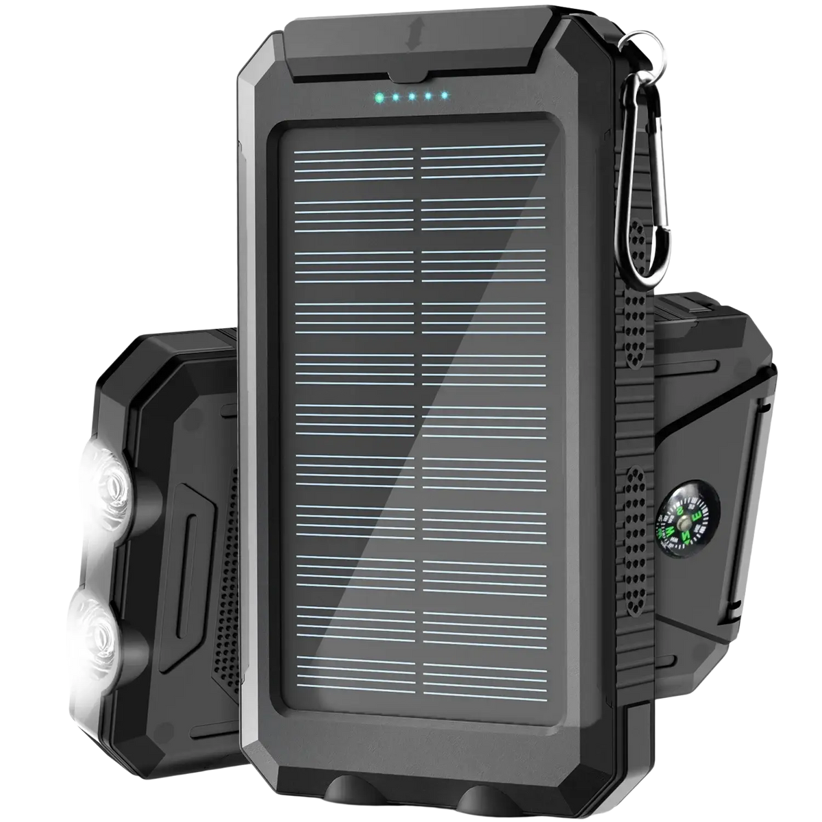 Black rugged solar power bank 50000mah portable charger with led lights and built-in compass for outdoor use