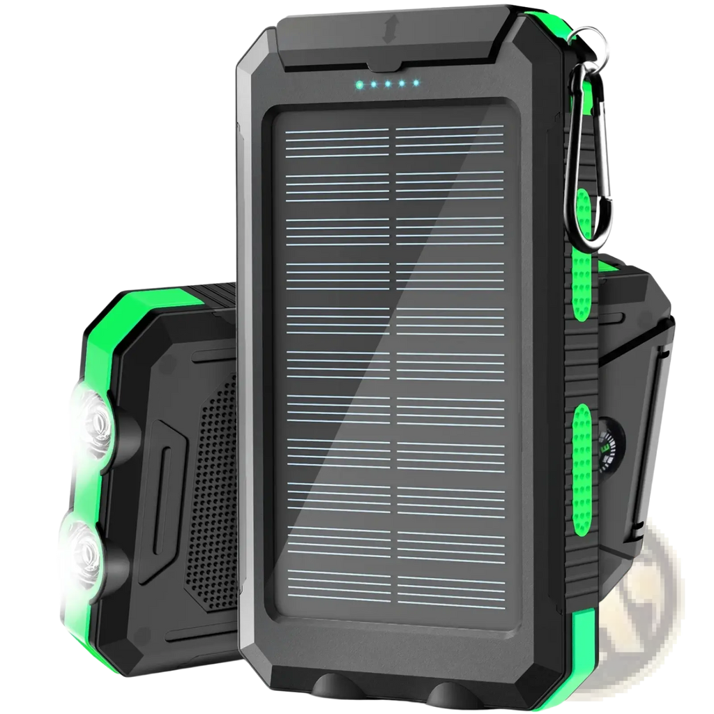 Black and green rugged solar power bank 50000mAh portable charger with built-in LED lights for outdoor use