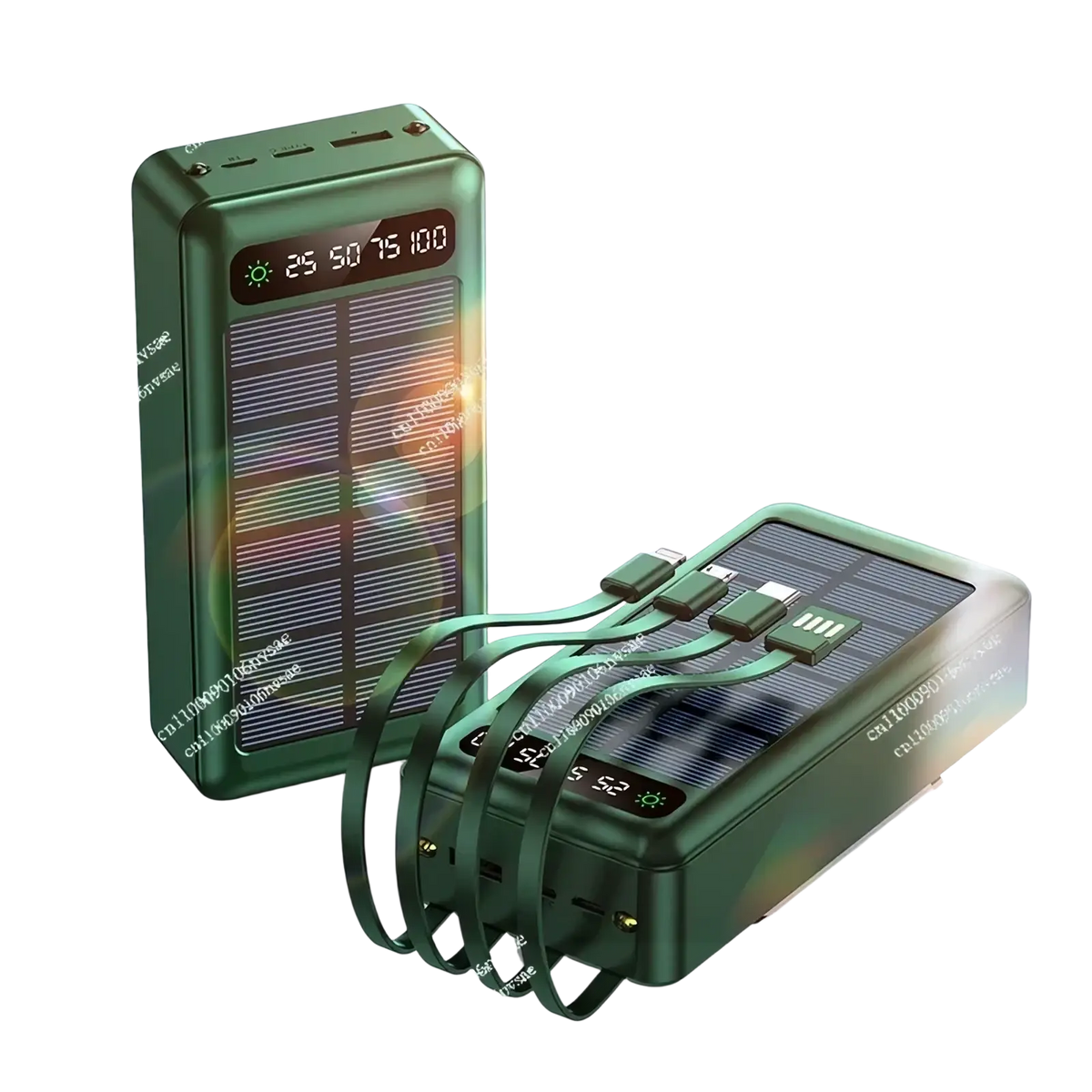 Two dark green solar power bank 5000mah chargers with digital display and multiple usb cables attached for fast charging