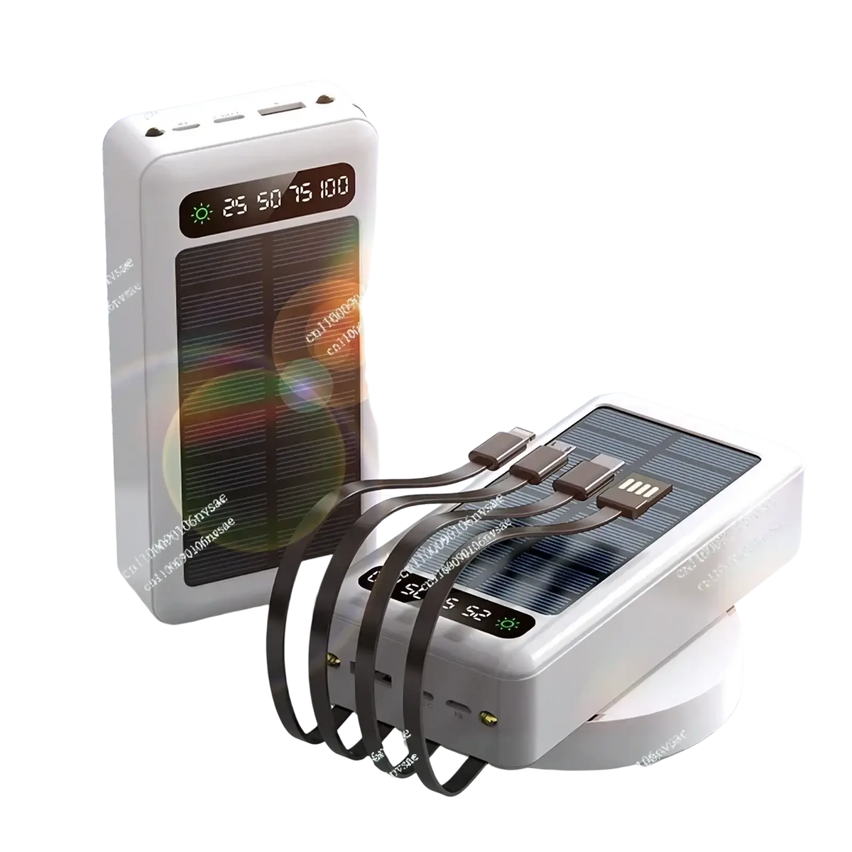 White rectangular solar power bank 5000mAh portable charger with multiple USB ports and battery percentage display