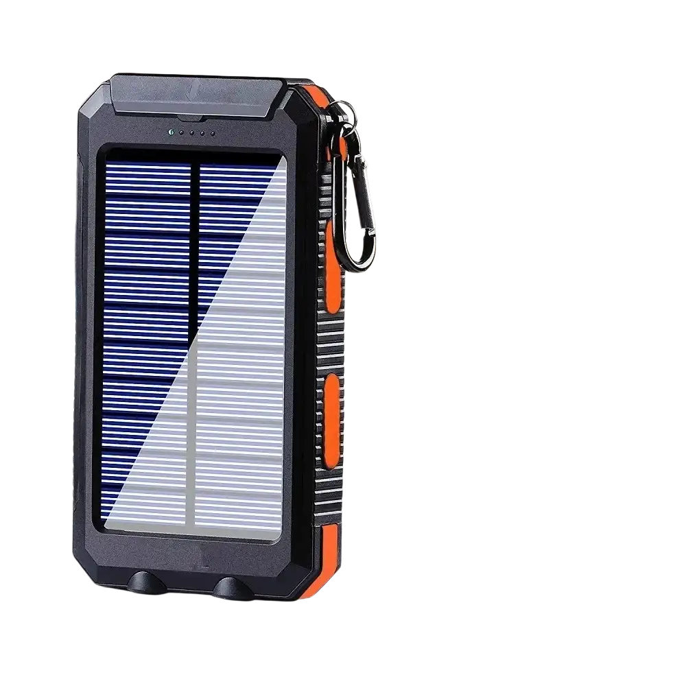 Black and orange rugged solar power bank 80000mAh with built-in carabiner clip for fast charging and portability