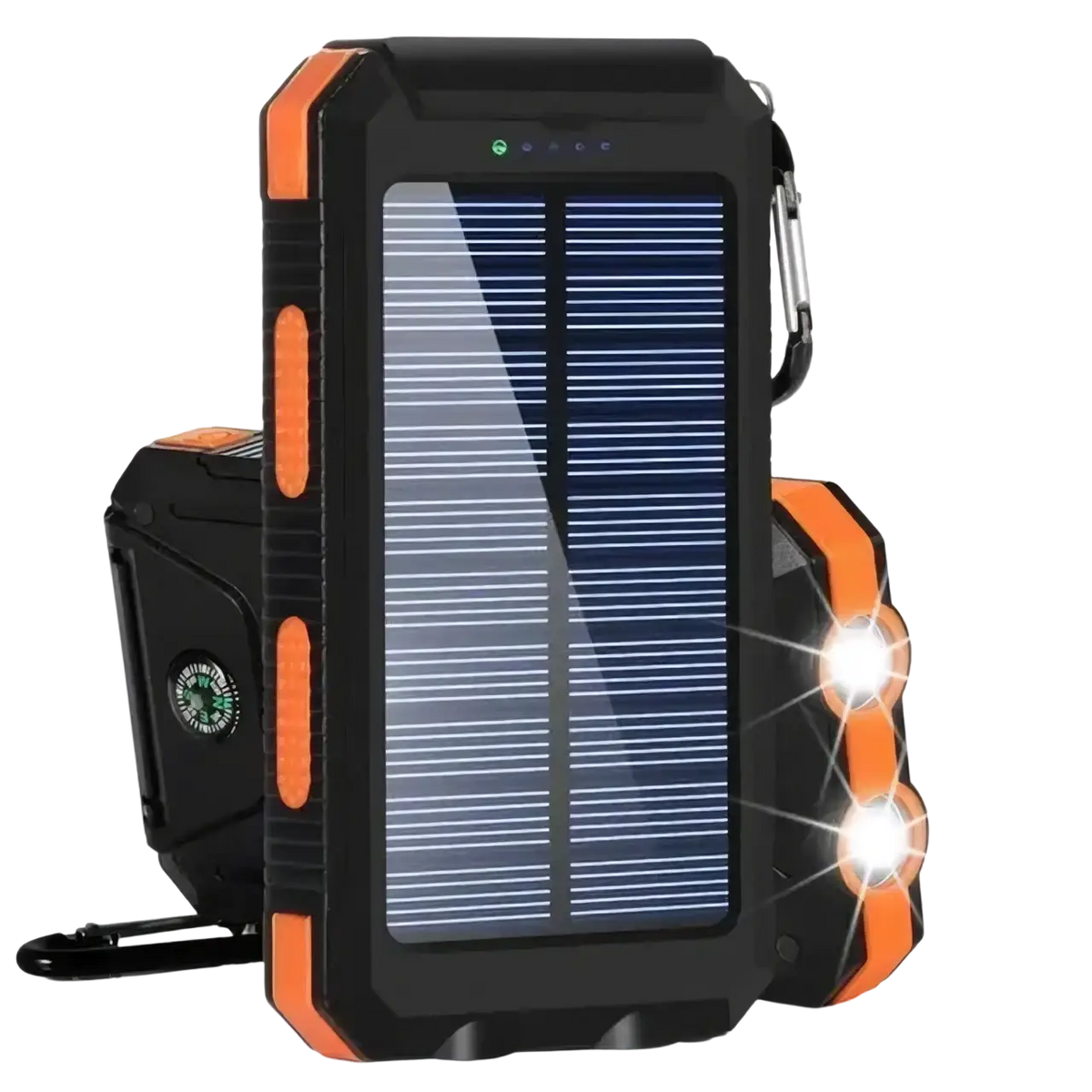 Black and orange rugged solar power bank 80000mah with flashlight compass and carabiner clip for fast charging