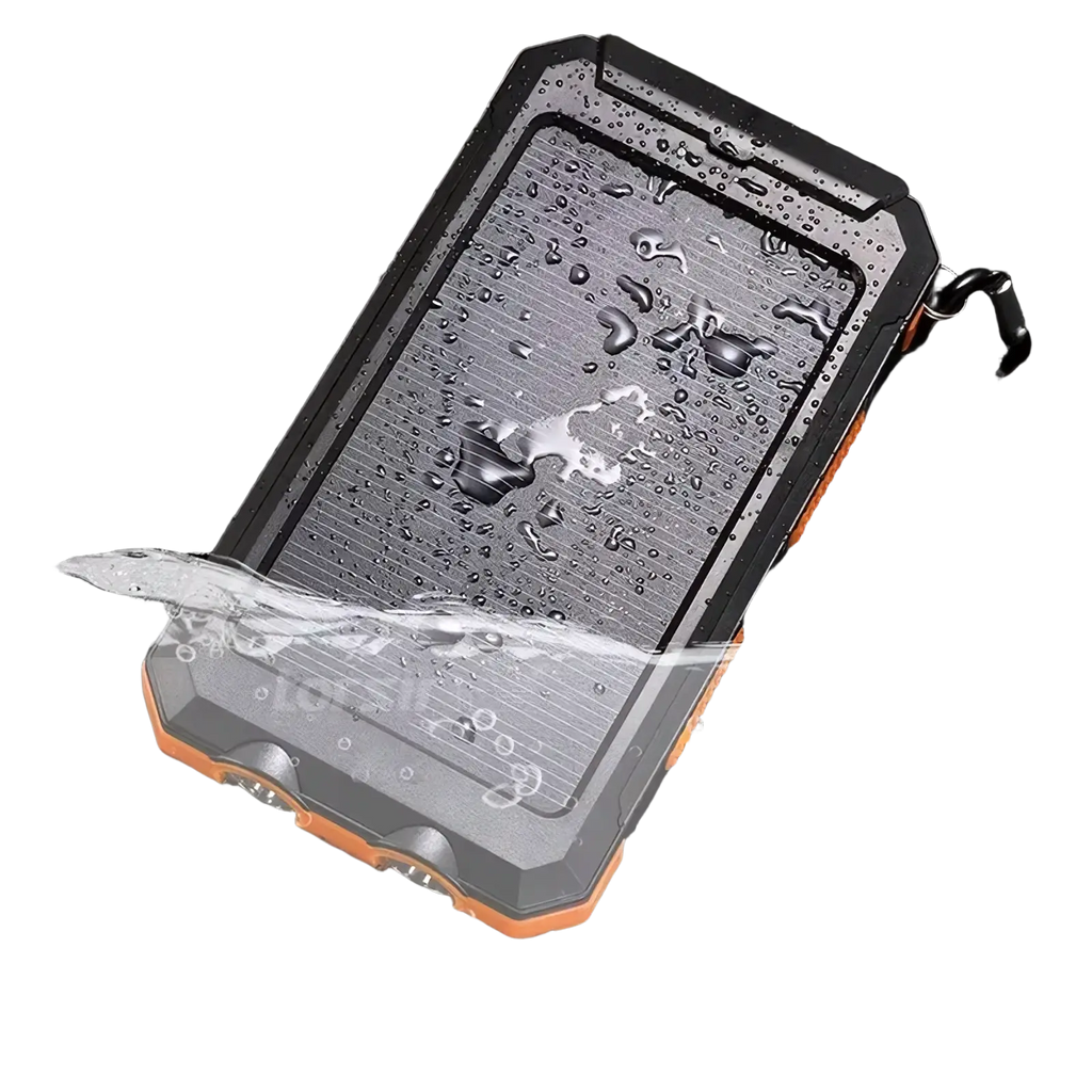 Black and orange rugged solar power bank 80000mah phone case with textured, water-resistant design backside view