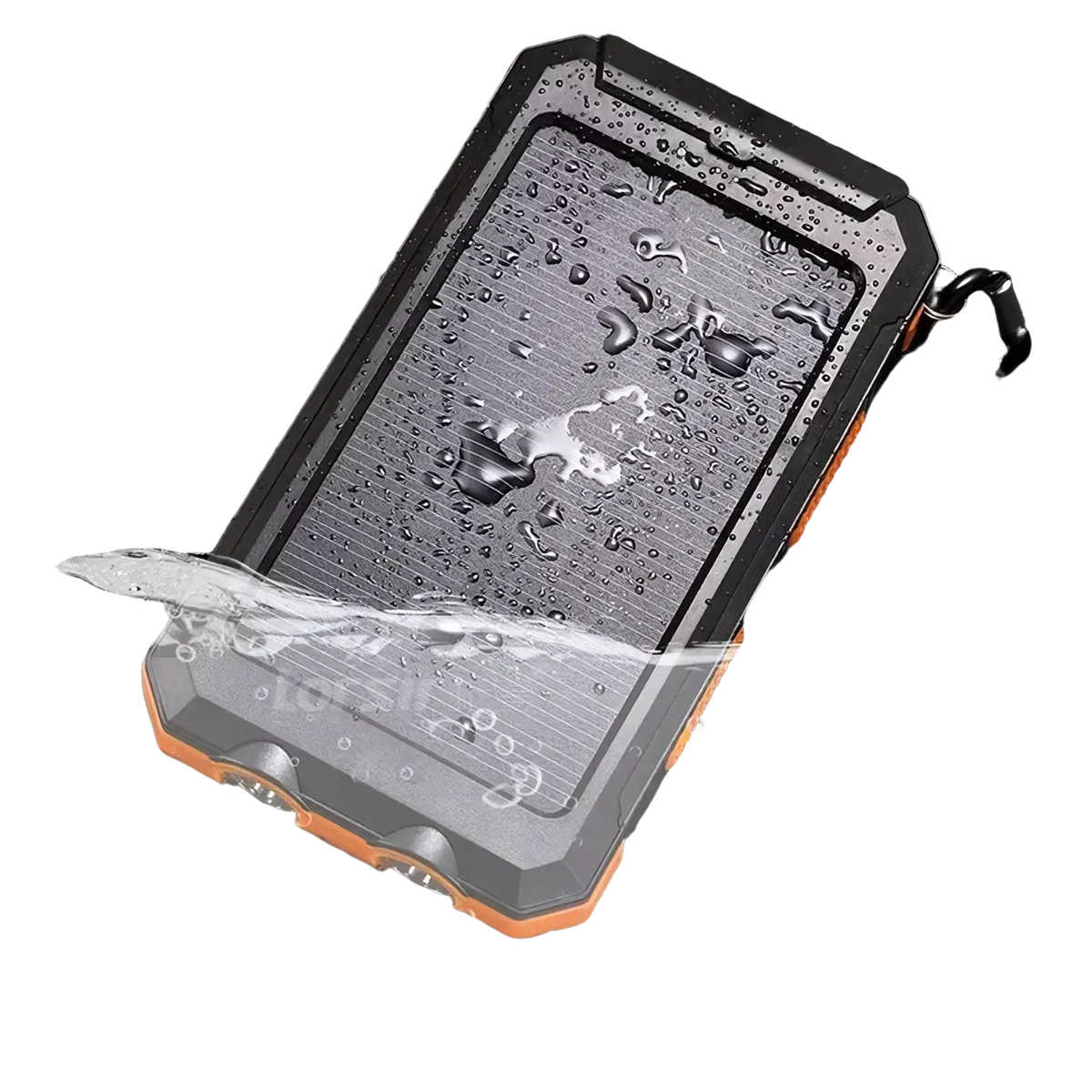 Black and orange rugged solar power bank 80000mah phone case with textured, water-resistant design backside view