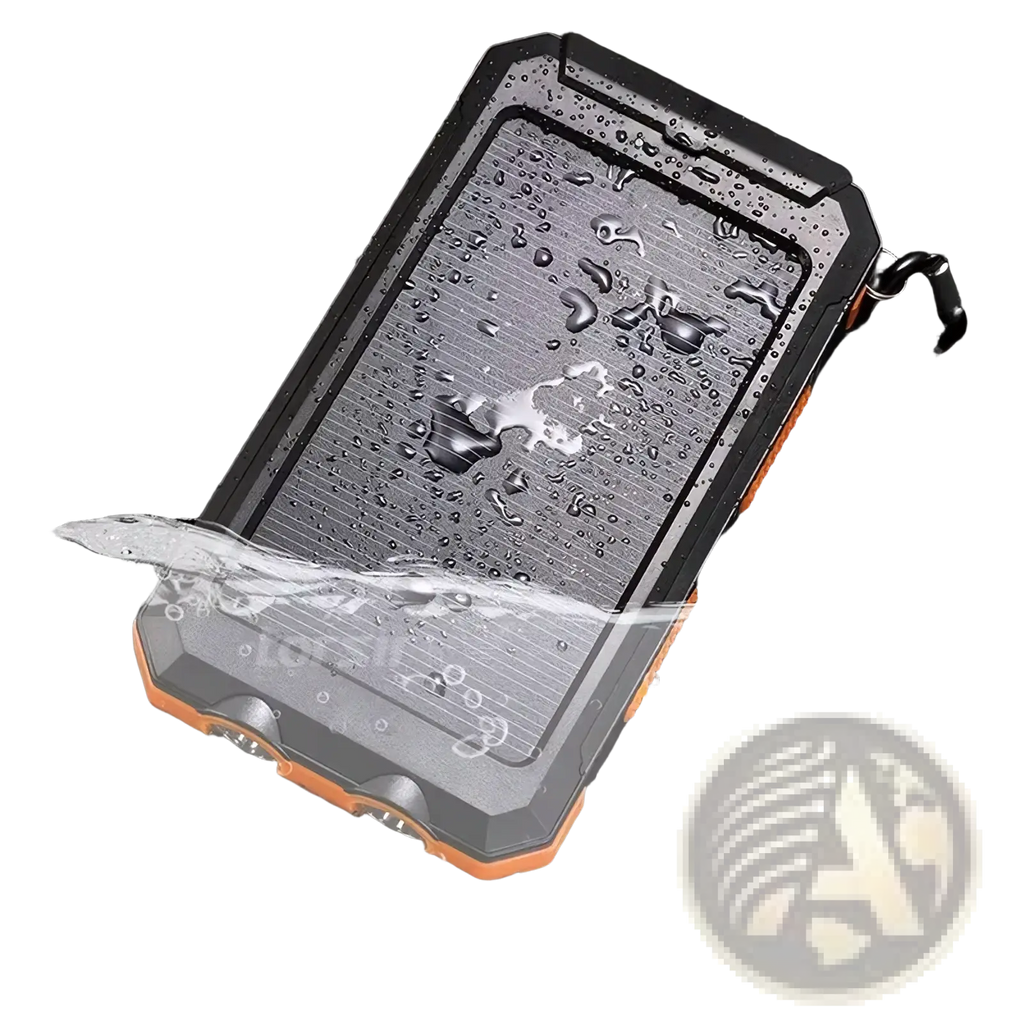 Black and orange rugged solar power bank 80000mah phone case with textured, water-resistant design backside view