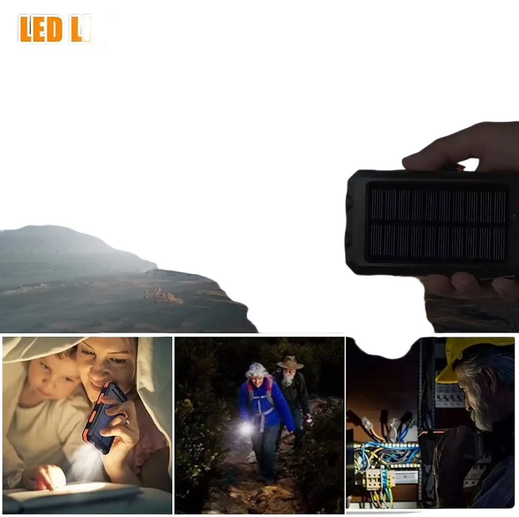 Black solar-powered led flashlight with sos and strobe modes featured in solar power bank 80000mah fast charging product
