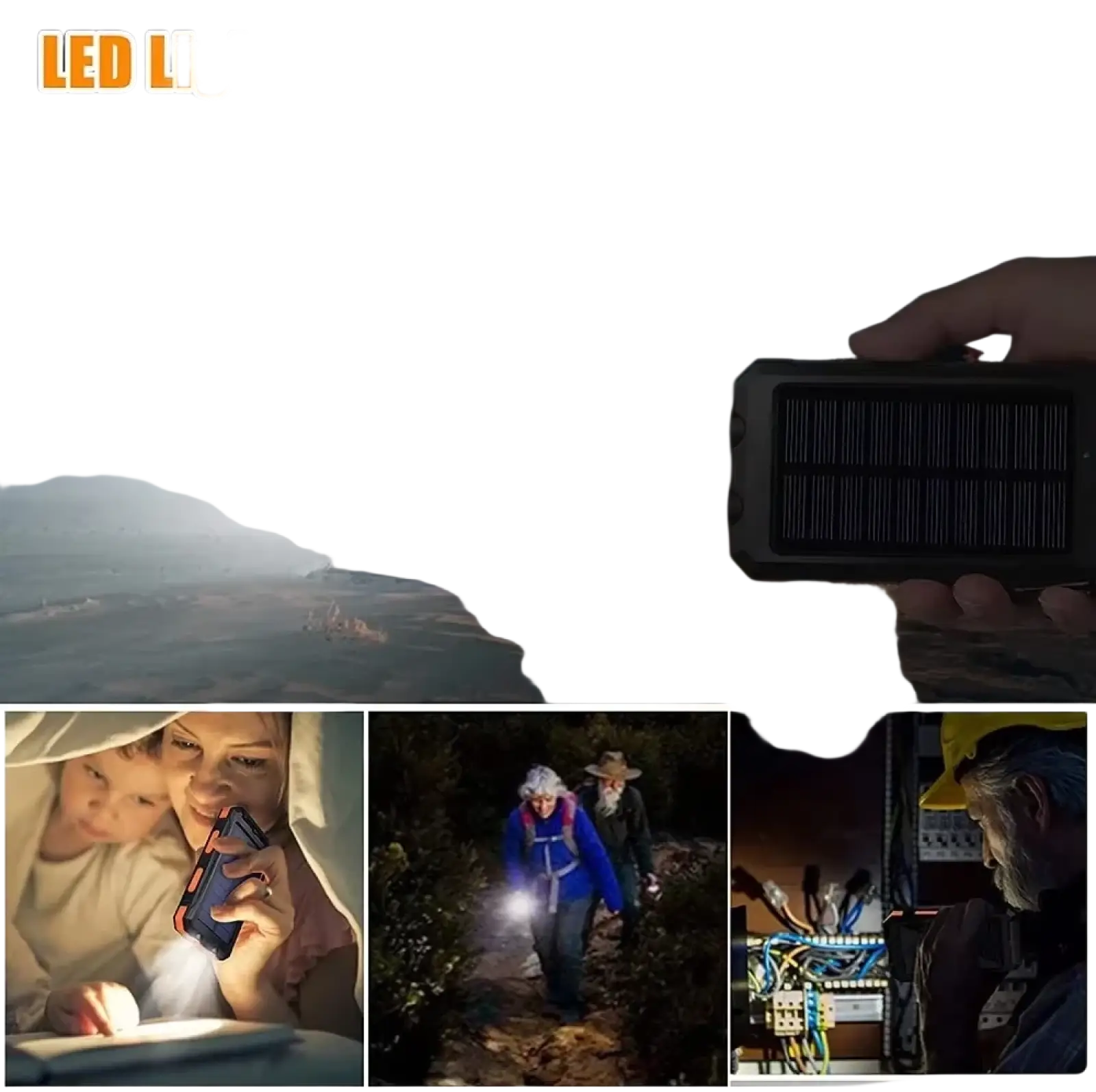 Black solar-powered led flashlight with sos and strobe modes featured in solar power bank 80000mah fast charging product