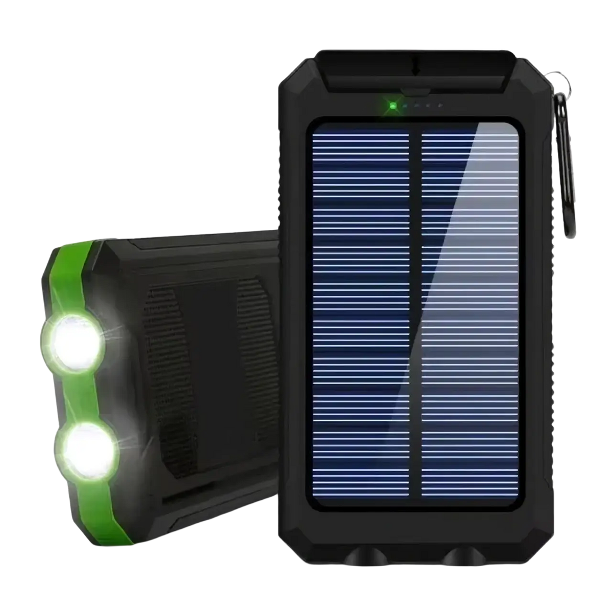 Black solar power bank 80000mah with green accents and dual led lights for fast charging and portable use
