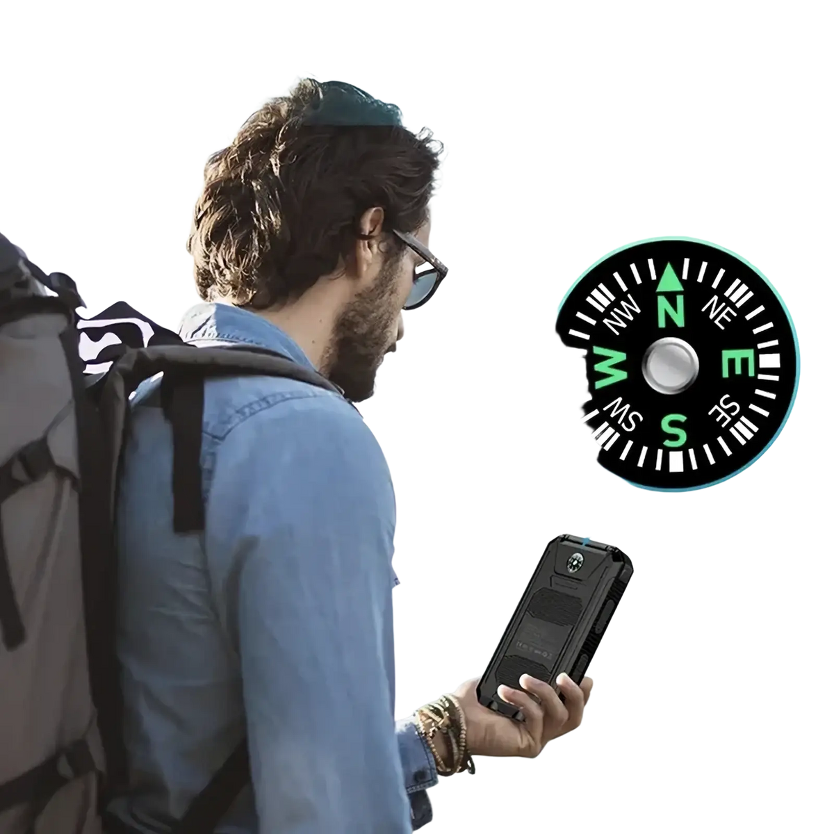 Black rugged phone case with built-in high precision compass featuring circular dial for solar power bank 80000mah fast charging