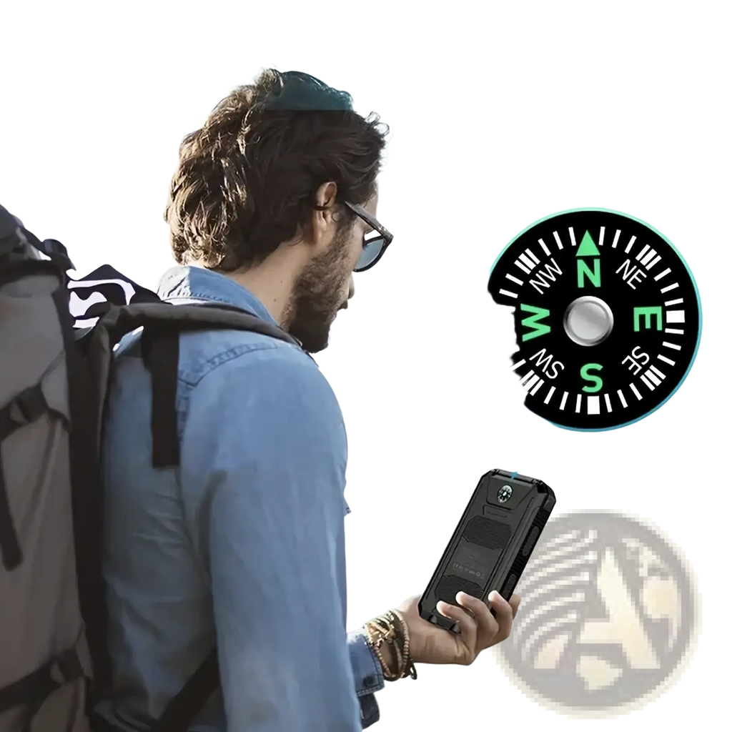 Black rugged phone case with built-in high precision compass featuring circular dial for solar power bank 80000mah fast charging