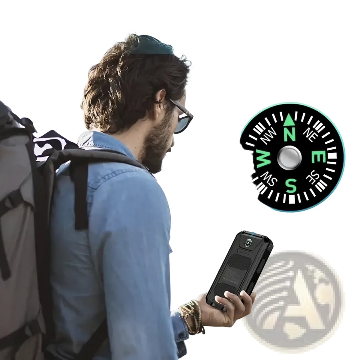 Black rugged phone case with built-in high precision compass featuring circular dial for solar power bank 80000mah fast charging