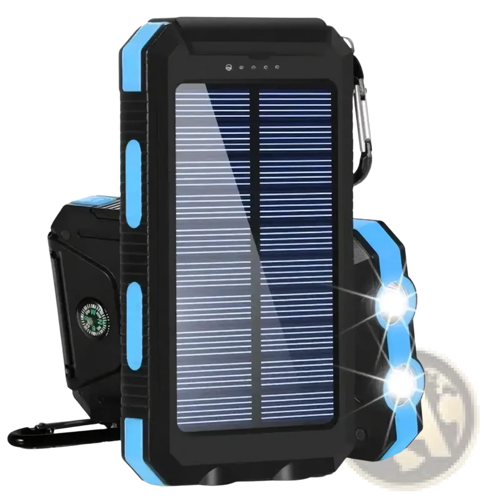 Black and blue rugged solar power bank 80000mah with flashlight compass and carabiner clip for fast charging outdoors