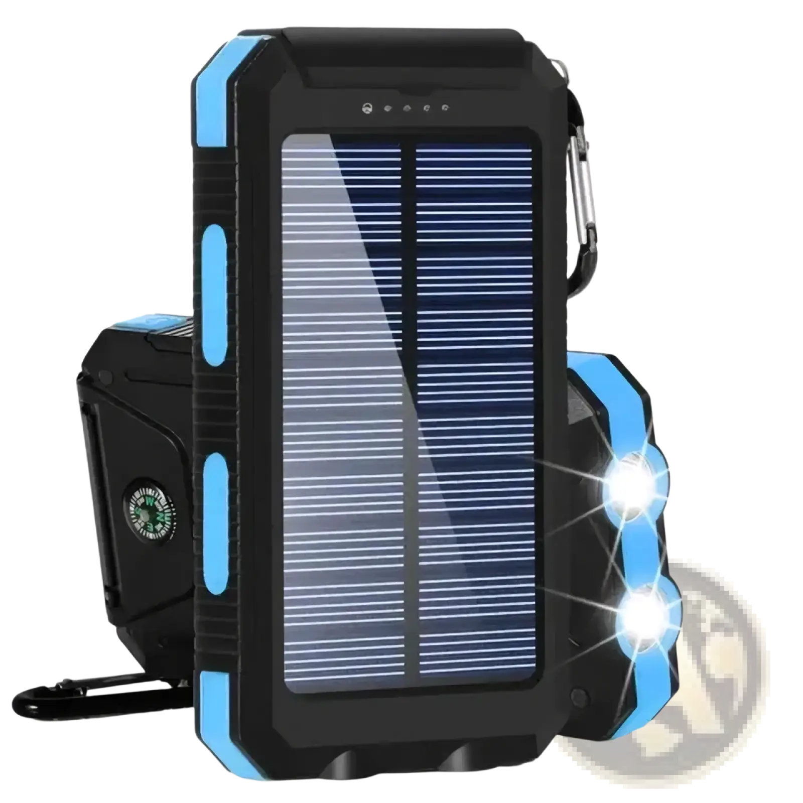 Black and blue rugged solar power bank 80000mah with flashlight compass and carabiner clip for fast charging outdoors