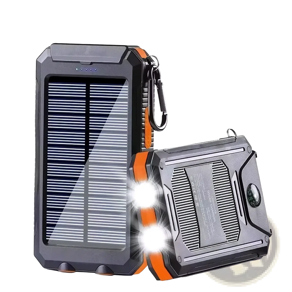 Gray and orange rugged solar power bank with 80000mah capacity and built-in led lights for fast charging
