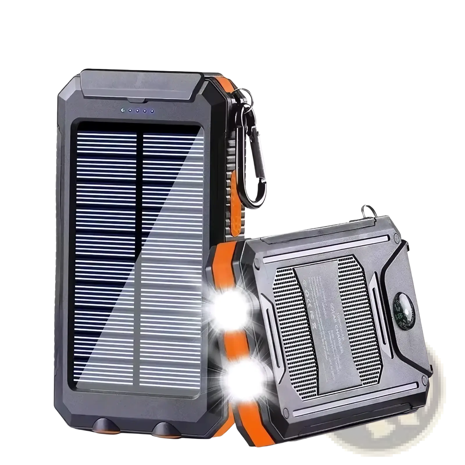 Gray and orange rugged solar power bank with 80000mah capacity and built-in led lights for fast charging