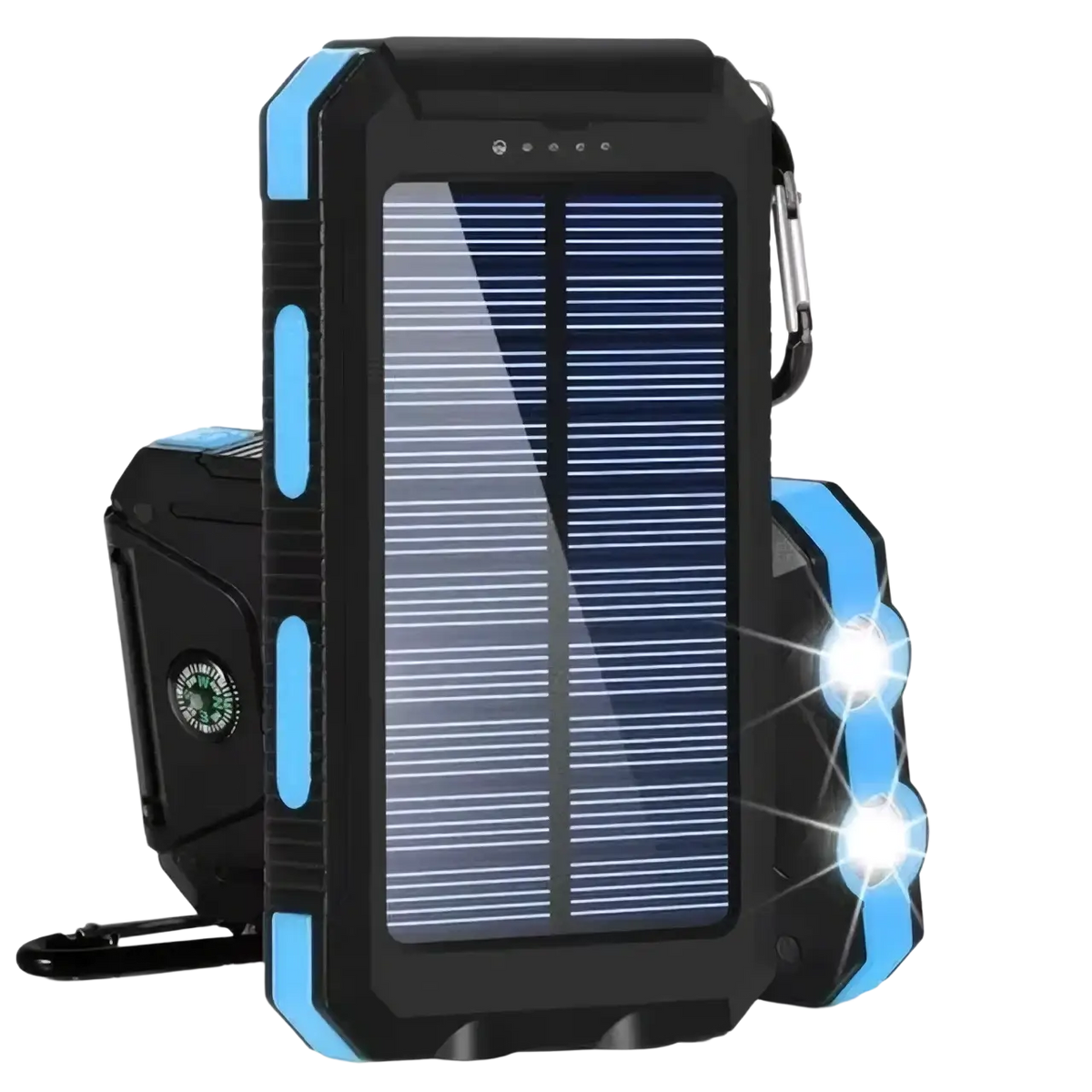 Black and blue rugged solar power bank 80000mah portable charger with flashlight compass and carabiner clip