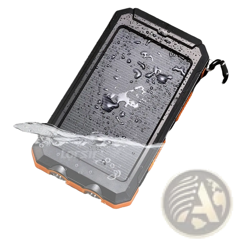 Black and orange rugged solar power bank 80000mah portable charger with textured water-resistant design back side view
