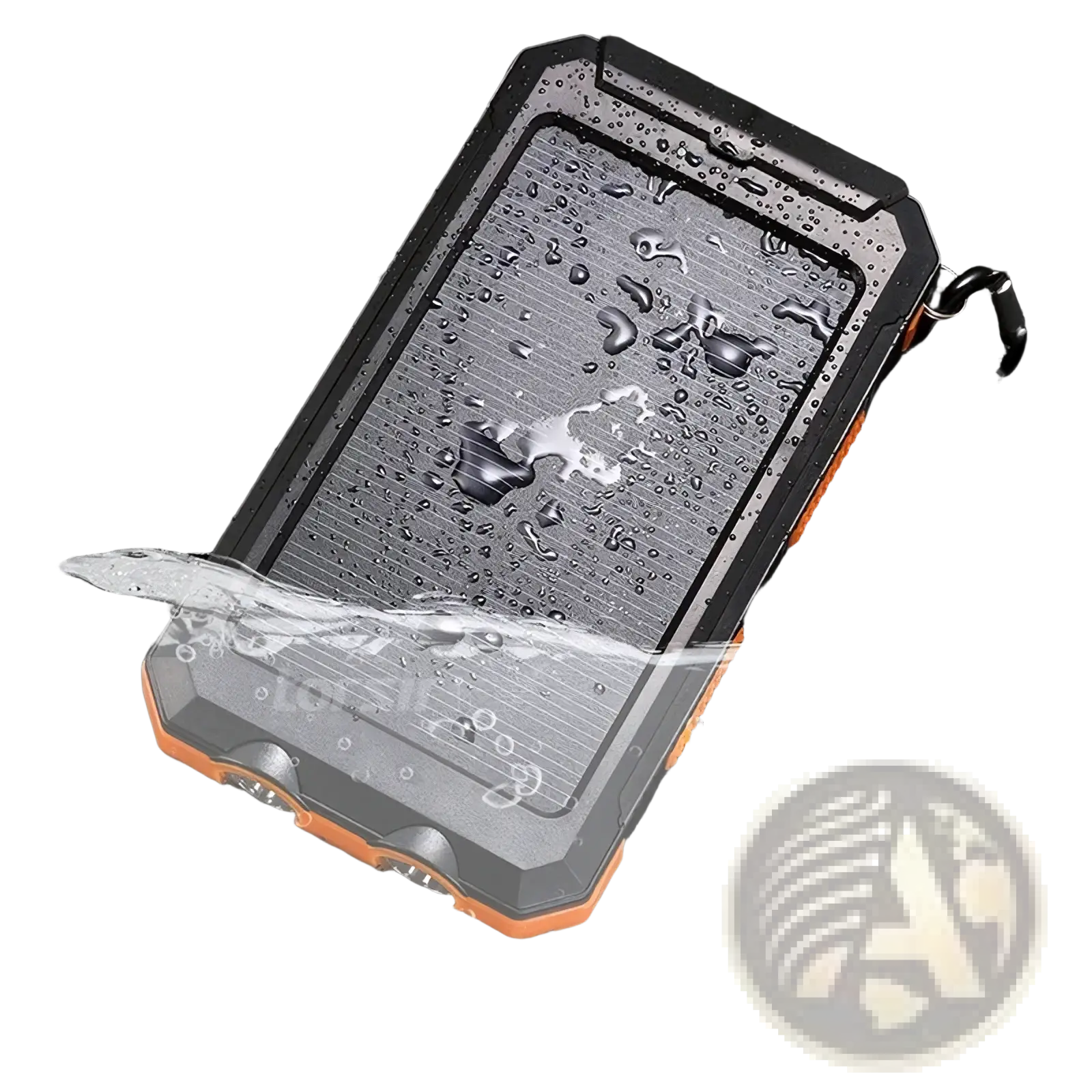 Black and orange rugged solar power bank 80000mah portable charger with textured water-resistant design back side view