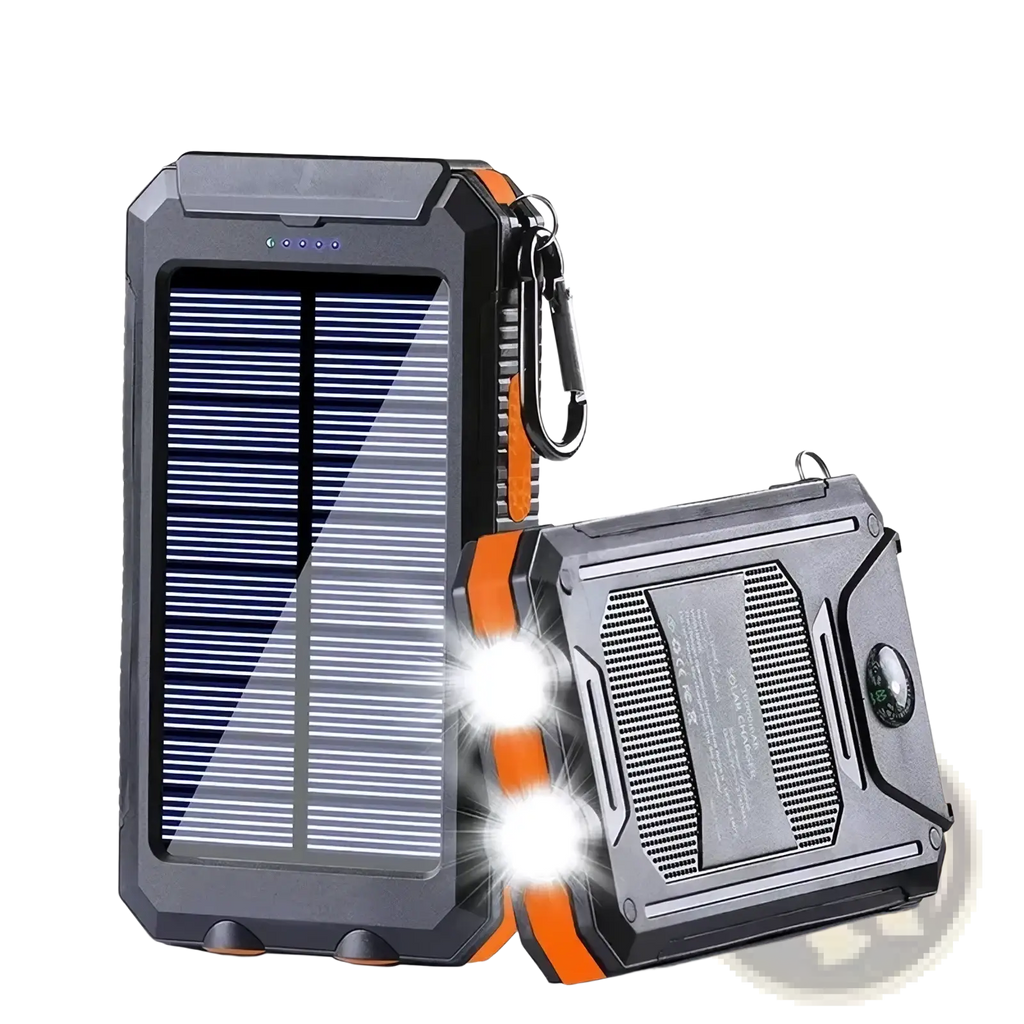 Black and orange rugged solar power bank 80000mah portable charger with built-in led lights for outdoor use